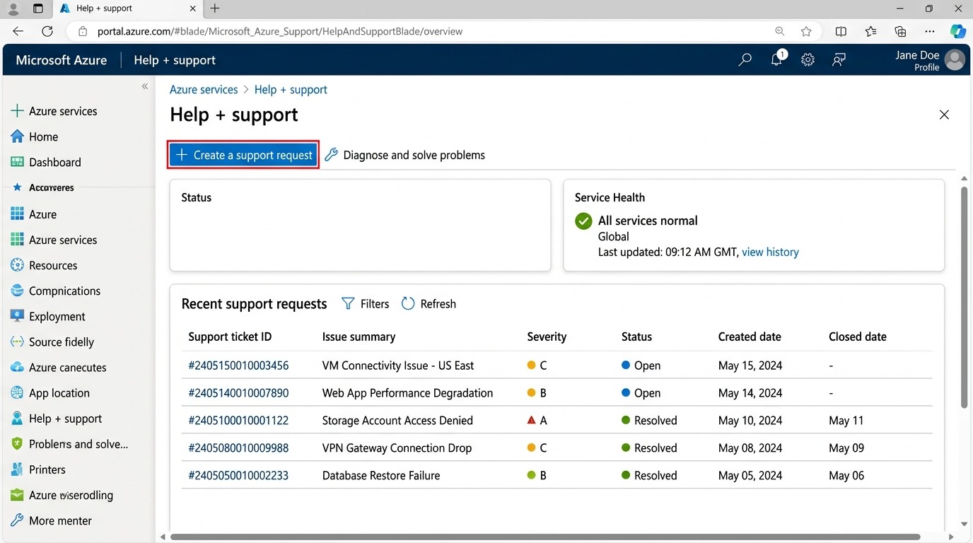 Azure Help and Support Blade in Azure Portal