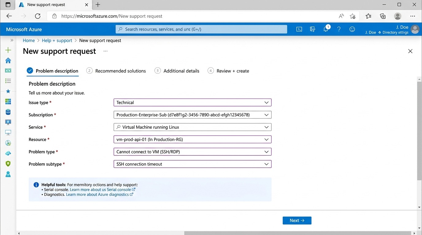 Azure New Support Request Wizard Step 1 Problem Description