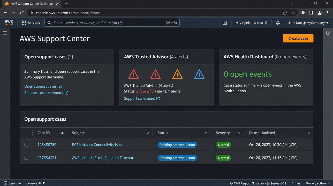 AWS Support Center Dashboard with Create Case Button