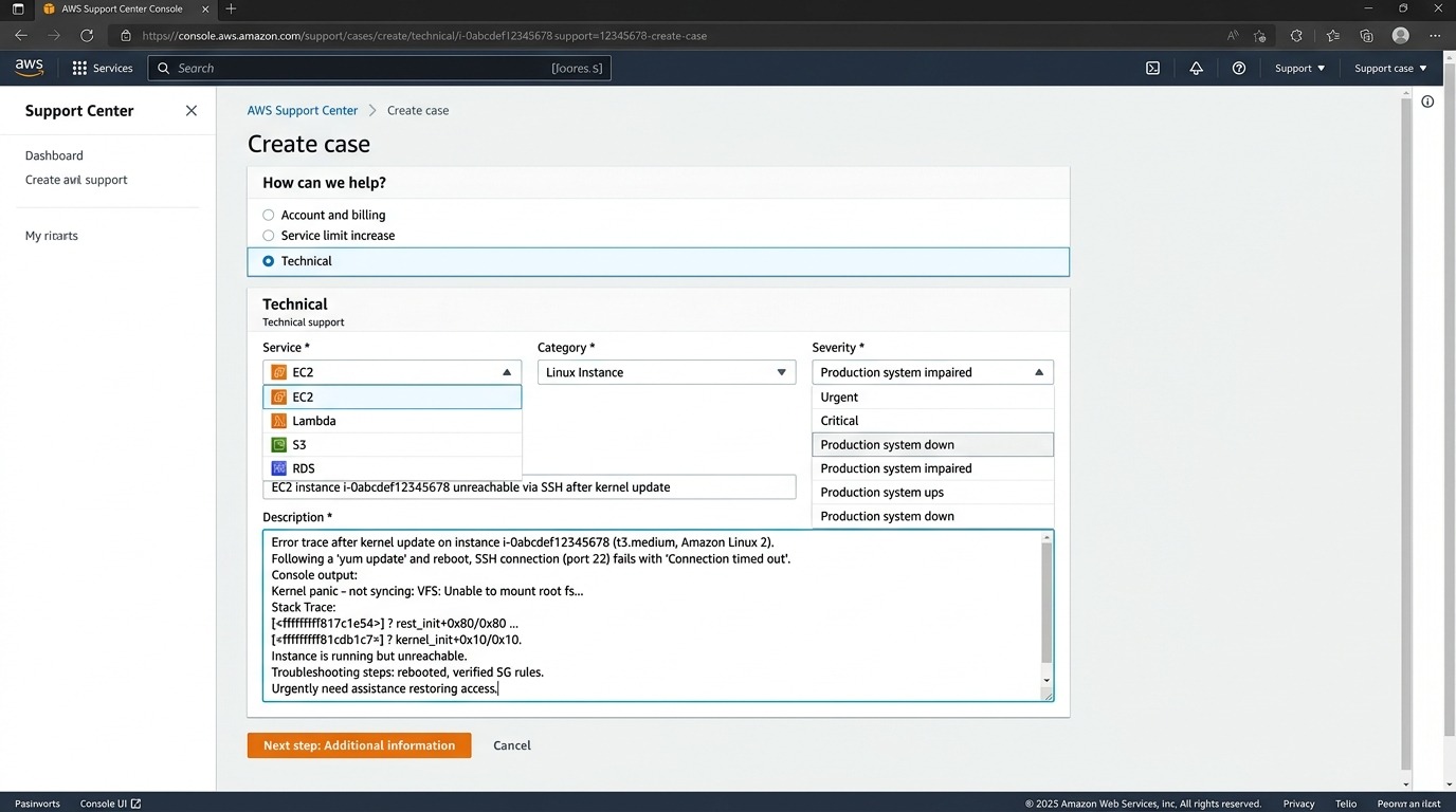 AWS Support Center Create Case Form and Severity Selection