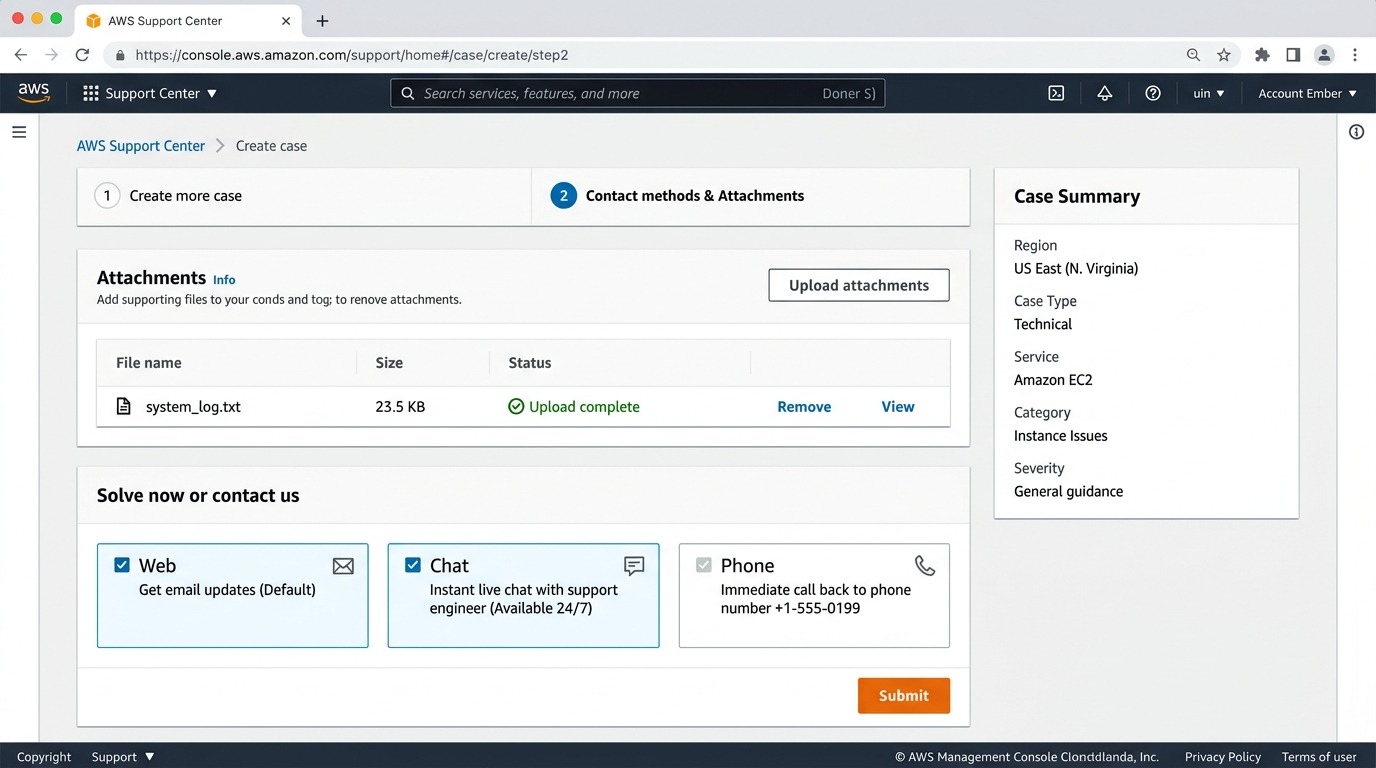 AWS Support Center Attachments and Contact Methods