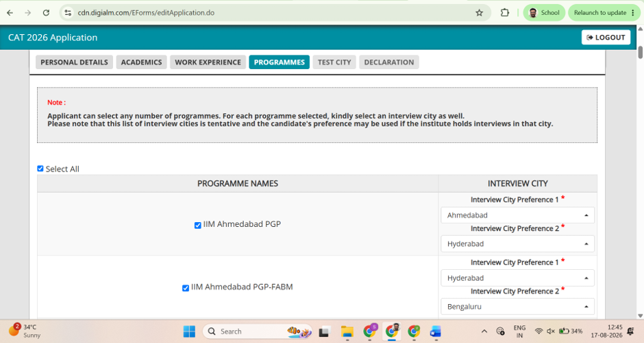 Choosing interview city preferences on the CAT 2026 form.
