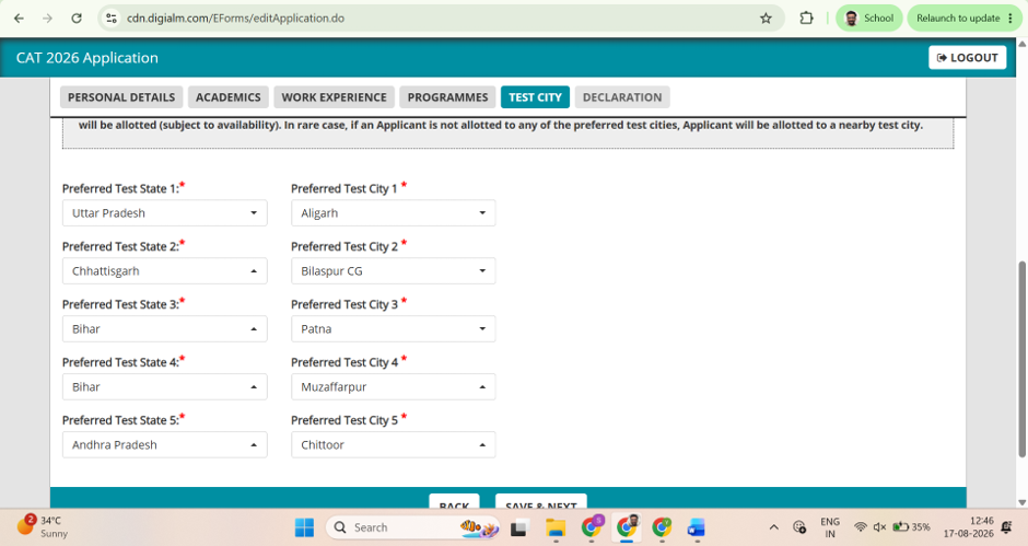 Selecting five preferred CAT test cities on the CAT 2026 form.