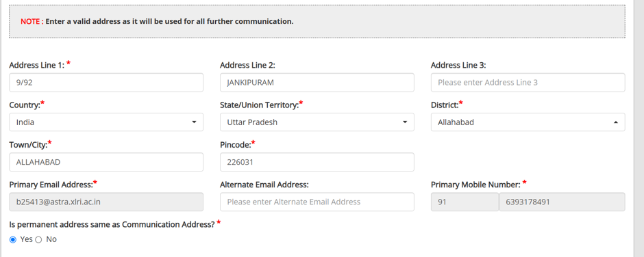 Emergency contact information on the CAT 2026 form.