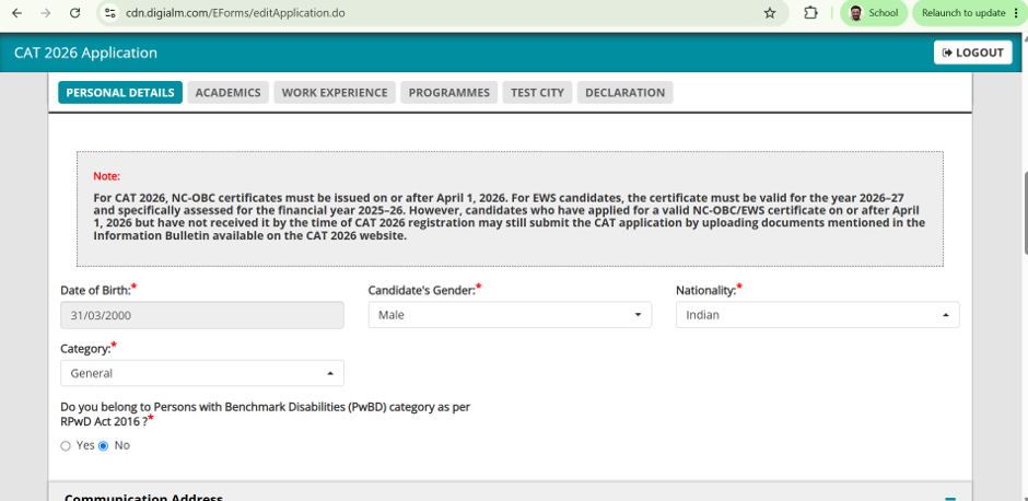 Communication and permanent address fields on the CAT 2026 form.