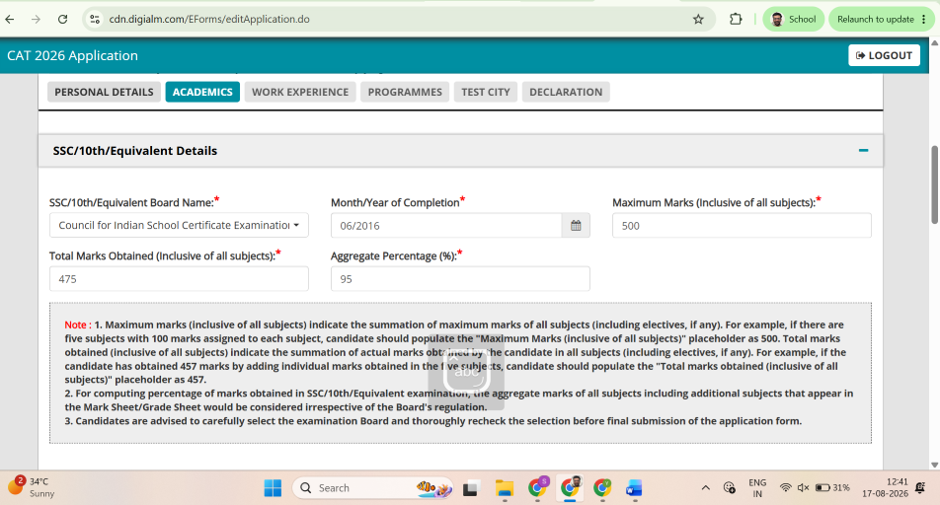 Entering Class 10 academic details on the CAT 2026 form.