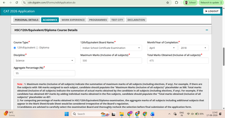 Entering Class 12 academic details on the CAT 2026 form.