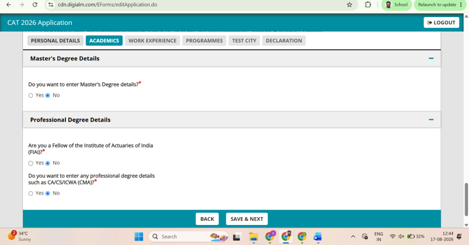 Master's and professional qualifications section of the CAT 2026 form.