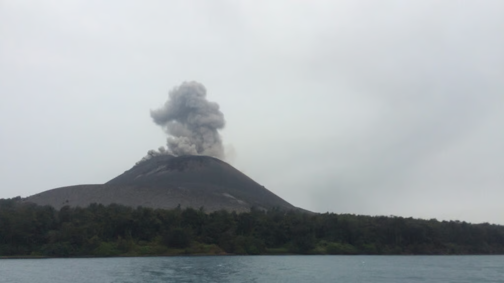 Mount Anak Krakatau eruption with volcanic ash and plume
