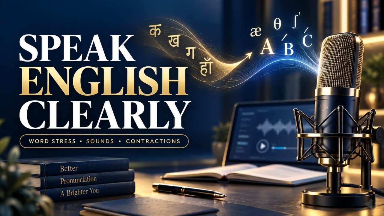 Learn English pronunciation, word stress, vowel sounds and contractions through simple Hindi explanations and practical examples.
