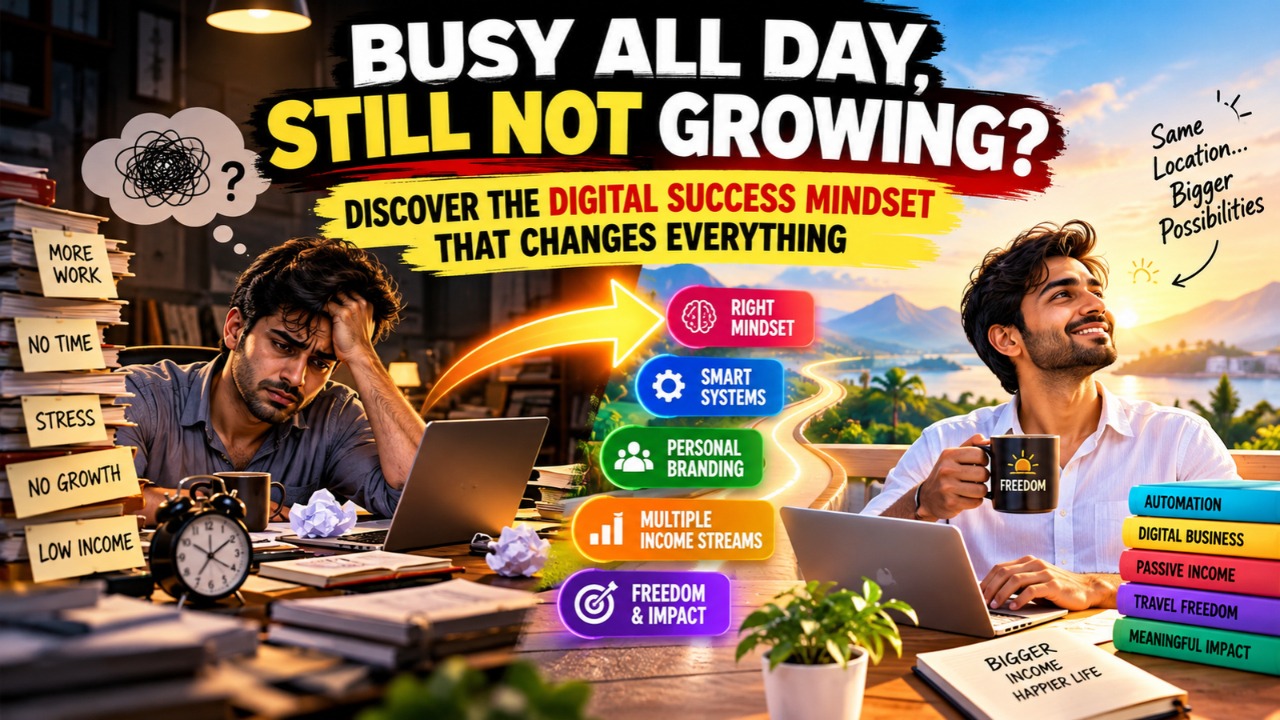 Entrepreneur discovering digital success through smart business systems, personal branding, productivity, and a growth mindset, illustrated with a journey from hard work to freedom.