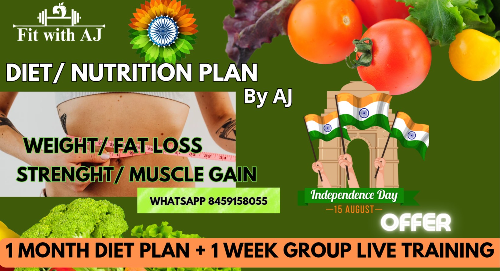 1 Month Online Diet Program: Weight Loss / Fatloss / Muscle ( Strength ) gain + 1 week live group Classes  cover