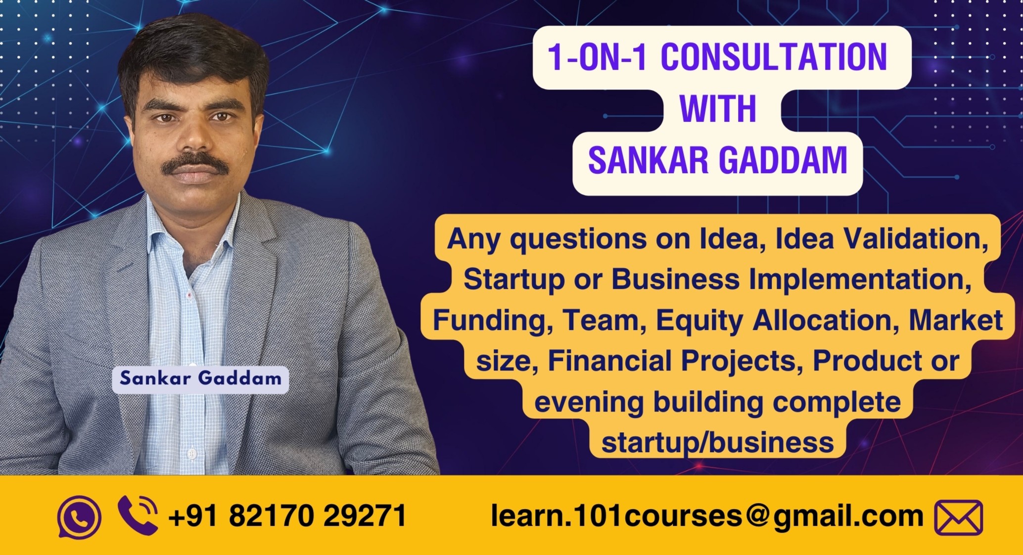 1 hr one-on-one session with Sankar G about your startup cover