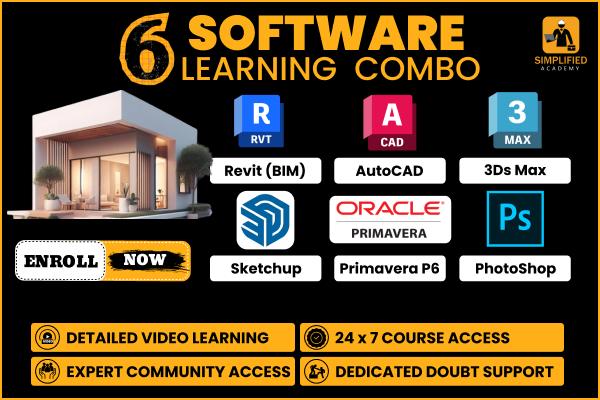 6 SOFTWARES COMBO : Revit(BIM) +Adobe Photoshop +AutoCAD +3ds Max+ SketchUp + Primavera P6 cover