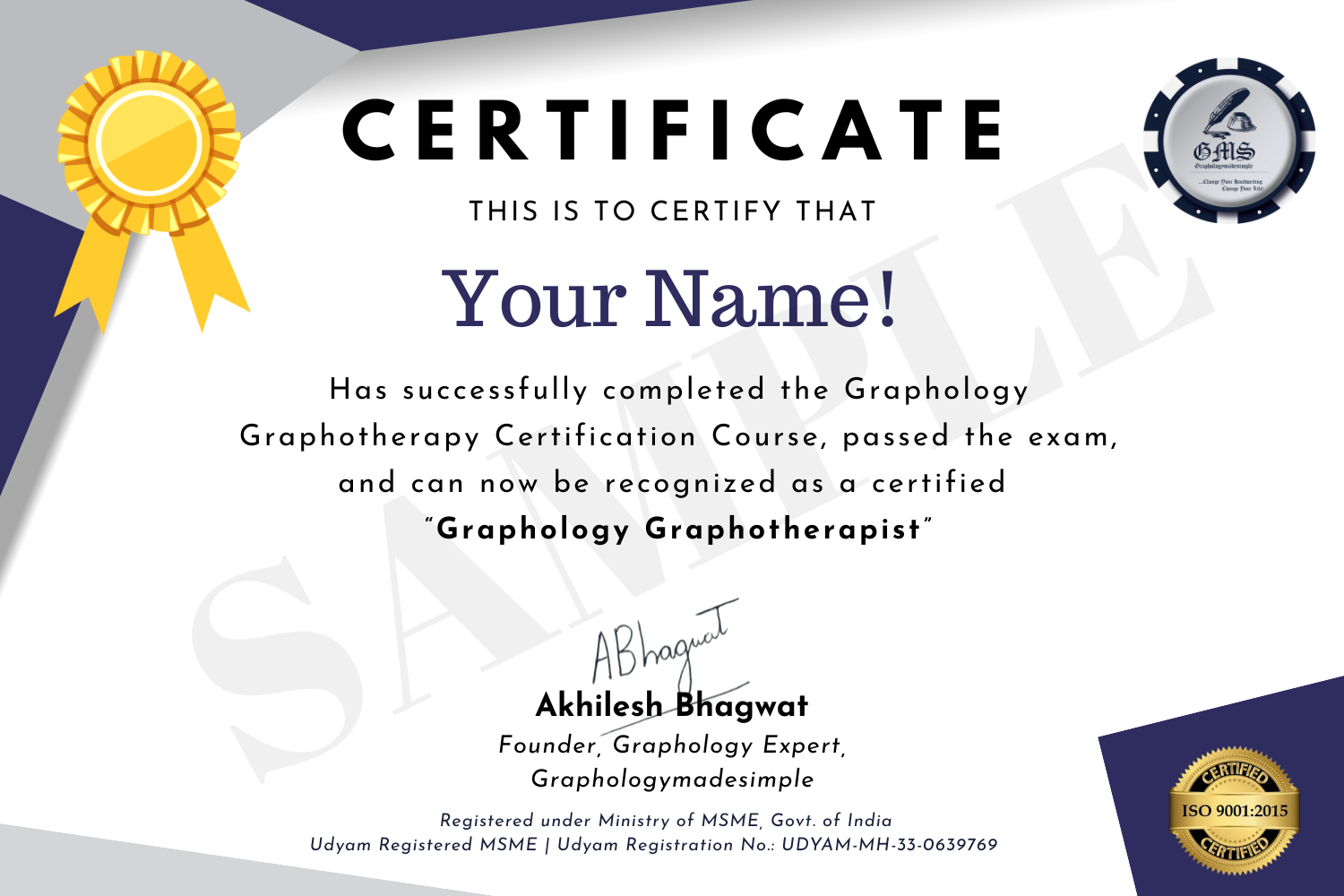 Graphology Graphotherapy Online Certification Course Certificate