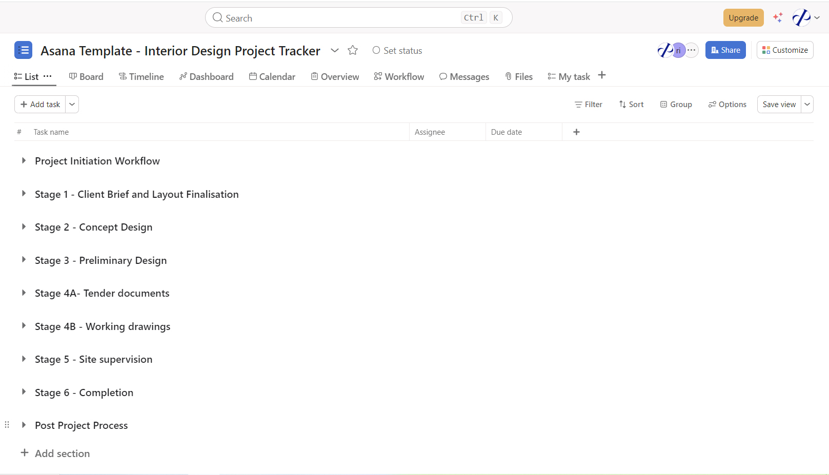 Asana Project Tracker Template - Interior Design