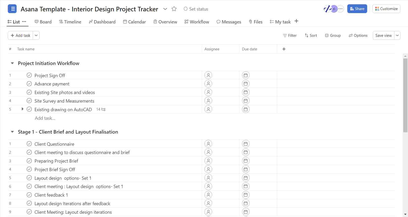 Asana Project Tracker Template - Interior Design