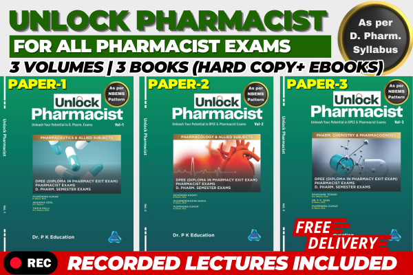 Unlock Pharmacist (Set of 3 Books) | for Exit Exam & All Pharmacist Exams | D. Pharm. Syllabus | For DPEE as per NBEMS | Recorded Video Lectures Free cover
