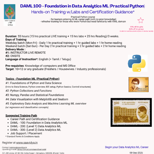 DAML 100 - Foundation in Data Analytics ML (practical python): Hands-on Training w/Labs and Certification Guidance* cover