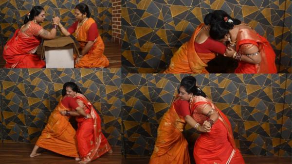 Ladies from two royal families engage in a test of strength match in saree cover