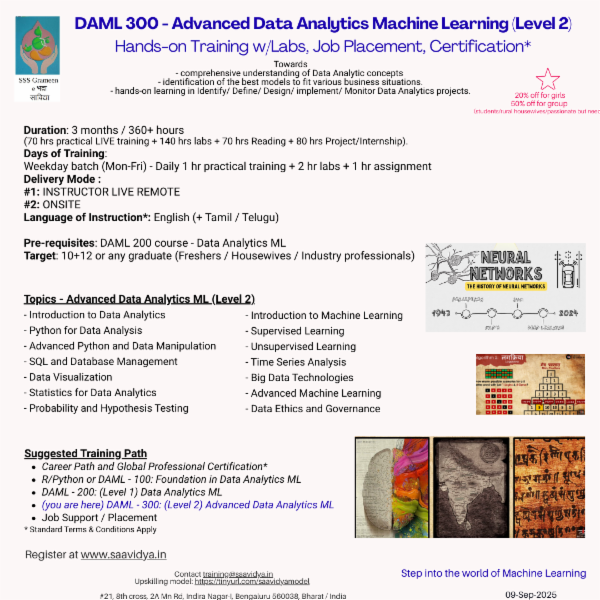DAML 300 - Advanced Data Analytics ML (Level 2): Hands-on Training w/Labs, Project and Certification* Placement cover