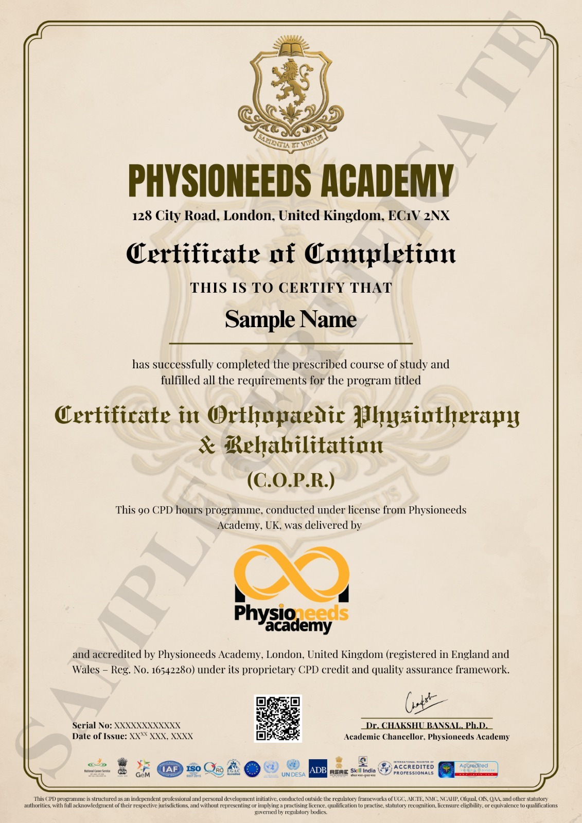 Physioneeds Academy certificate of completion for Certification in Orthopaedic Physiotherapy and Rehabilitation issued in London United Kingdom