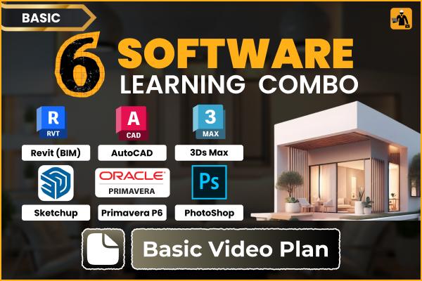 6 SOFTWARES COMBO : Revit(BIM) +Adobe Photoshop +AutoCAD +3ds Max+ SketchUp + Primavera P6-Basic Video Plan cover