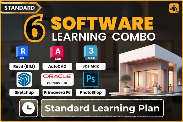 6 SOFTWARES COMBO : Revit(BIM) +Adobe Photoshop +AutoCAD +3ds Max+ SketchUp + Primavera P6-Standard Learning Plan cover