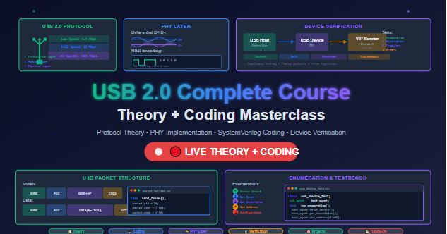 USB 2.0 Protocol with PHY and device verification Theory and coding live class cover