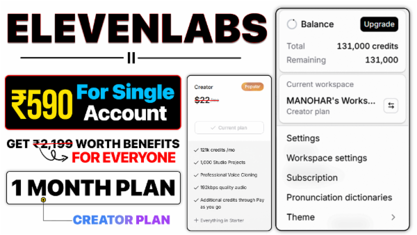 ElevenLabs Creator Plan 1 Month - 131K Credits cover