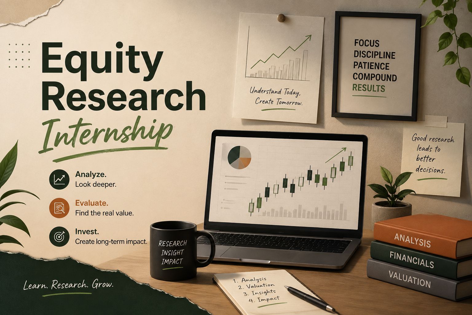 An equity research note in draft beside a DCF valuation and comparables
