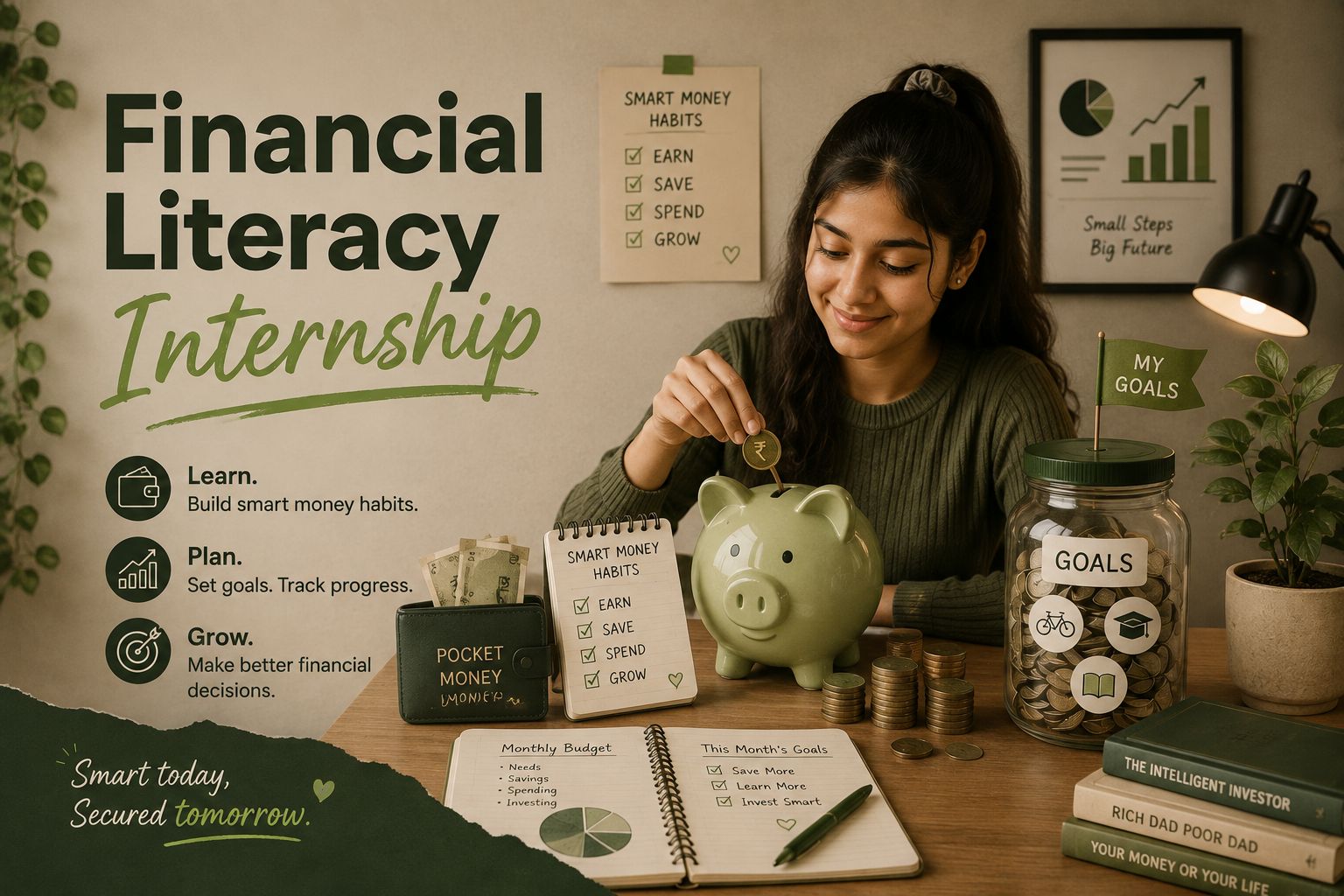 A financial literacy dashboard with budget, goals and money habits