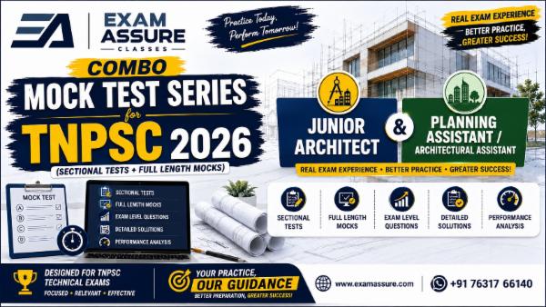 Combo - Mock Test Series for TNPSC Junior Architect | Planning Assistant / Architectural Assistant 2026 by Exam Assure Classes (Sectional Tests + Full Length Mocks) cover