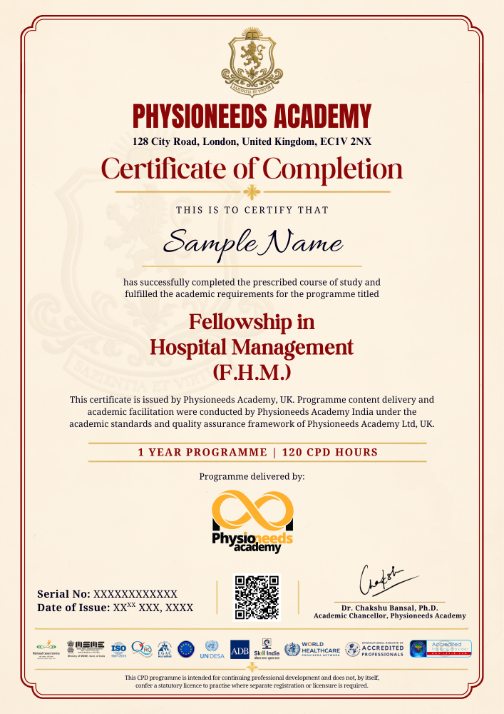 Physioneeds Academy landscape F.H.M. certificate sample 1 — demonstration only