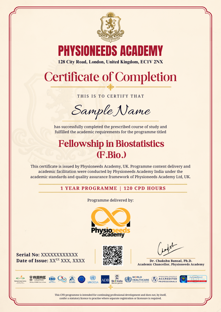 Physioneeds Academy Fellowship in Biostatistics certificate preview