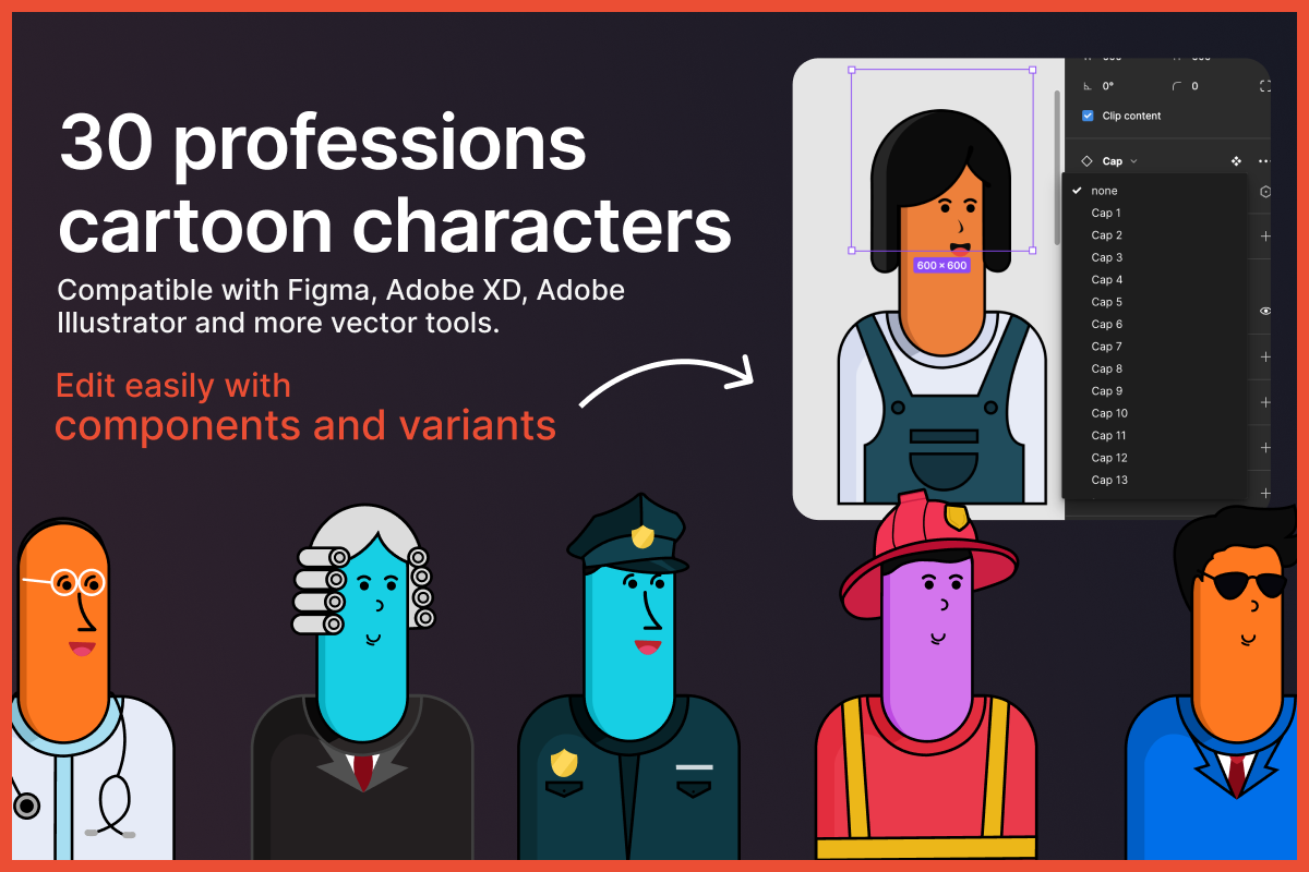 30 professions cartoon characters kit