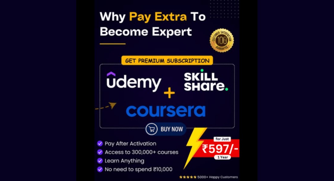 Udemy, Coursera, Skillshare premium for Just ₹597/Year.
