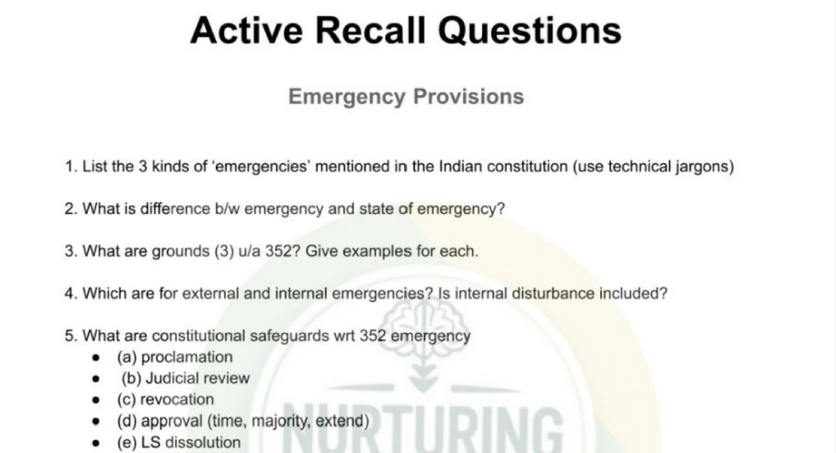 Free Recall Question Active Recall Questions(Emergency Provisions) Polity