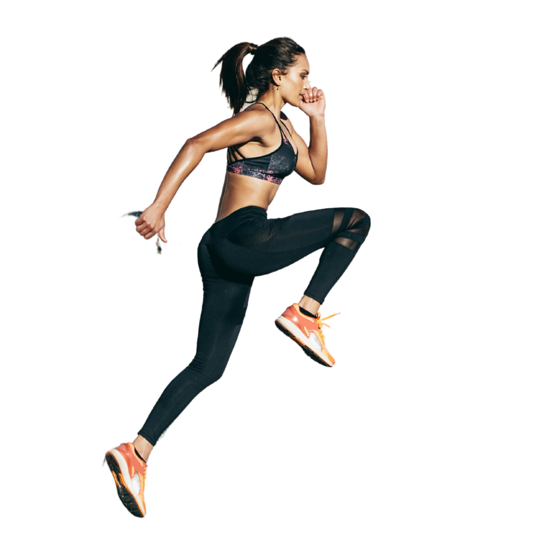 Women Jumping with one knee raised, wearing black sportswear