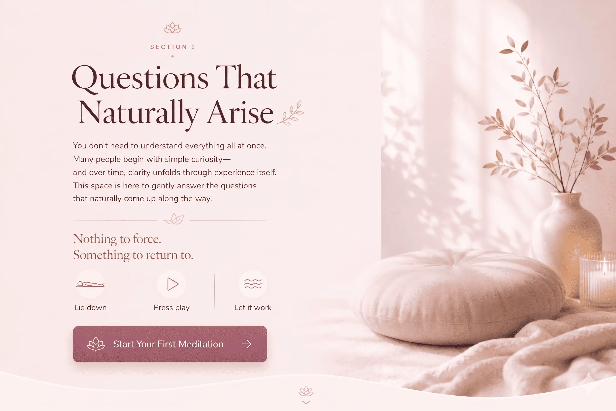 Peaceful meditation setting introducing the Alpha Healing Meditation Frequently Asked Questions guide, helping beginners understand how the meditation works, what to expect, who it is suitable for, and answering the most common questions before beginning their healing journey.
