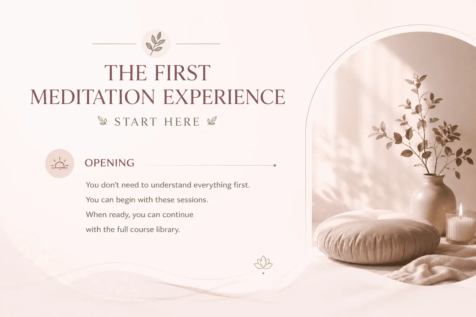 Peaceful introduction to the First Alpha Healing Meditation Experience, welcoming beginners with simple guidance on how to start Alpha Healing Meditation through relaxing introductory sessions before progressing to the complete meditation course library.
