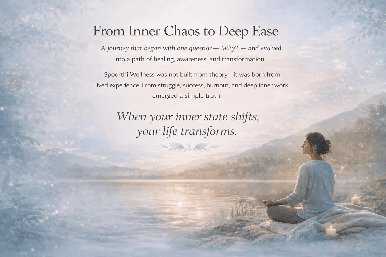 Illustration of a peaceful mountain landscape and a person in quiet reflection, symbolising the journey from inner chaos to deep ease through healing, self-awareness and lasting inner transformation that inspired the creation of Spoorthi Wellness.