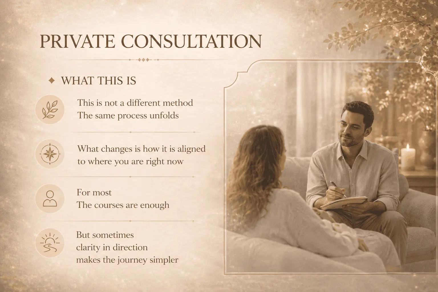 Private Alpha Healing Meditation consultation illustrating personalised one-to-one guidance that follows the same Alpha Healing Meditation process while aligning the meditation journey with an individual's current life circumstances and personal needs.