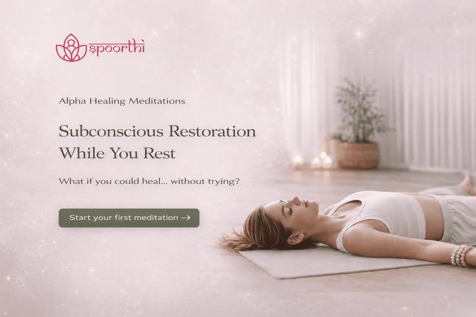 Woman resting peacefully in bed while listening to Alpha Healing Meditations, illustrating subconscious restoration during sleep, deep relaxation, effortless inner healing and emotional renewal while the conscious mind rests.