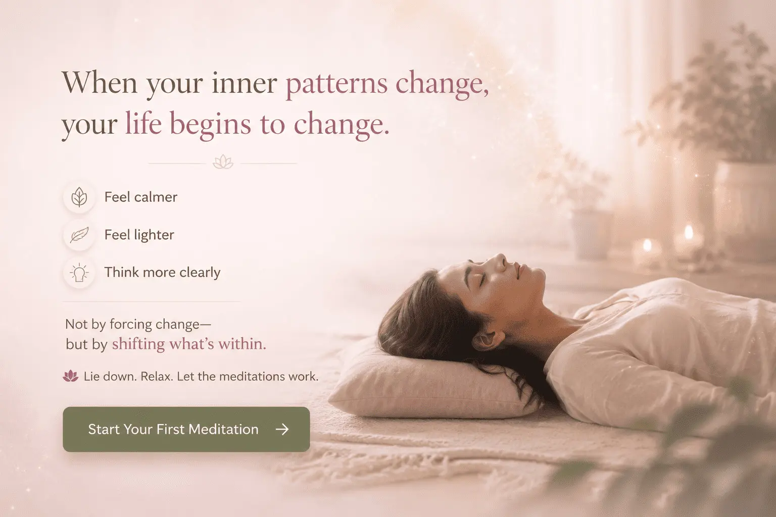 Woman lying peacefully while listening to Alpha Healing Meditation illustrating how changing inner patterns can help people feel calmer, lighter and think more clearly.