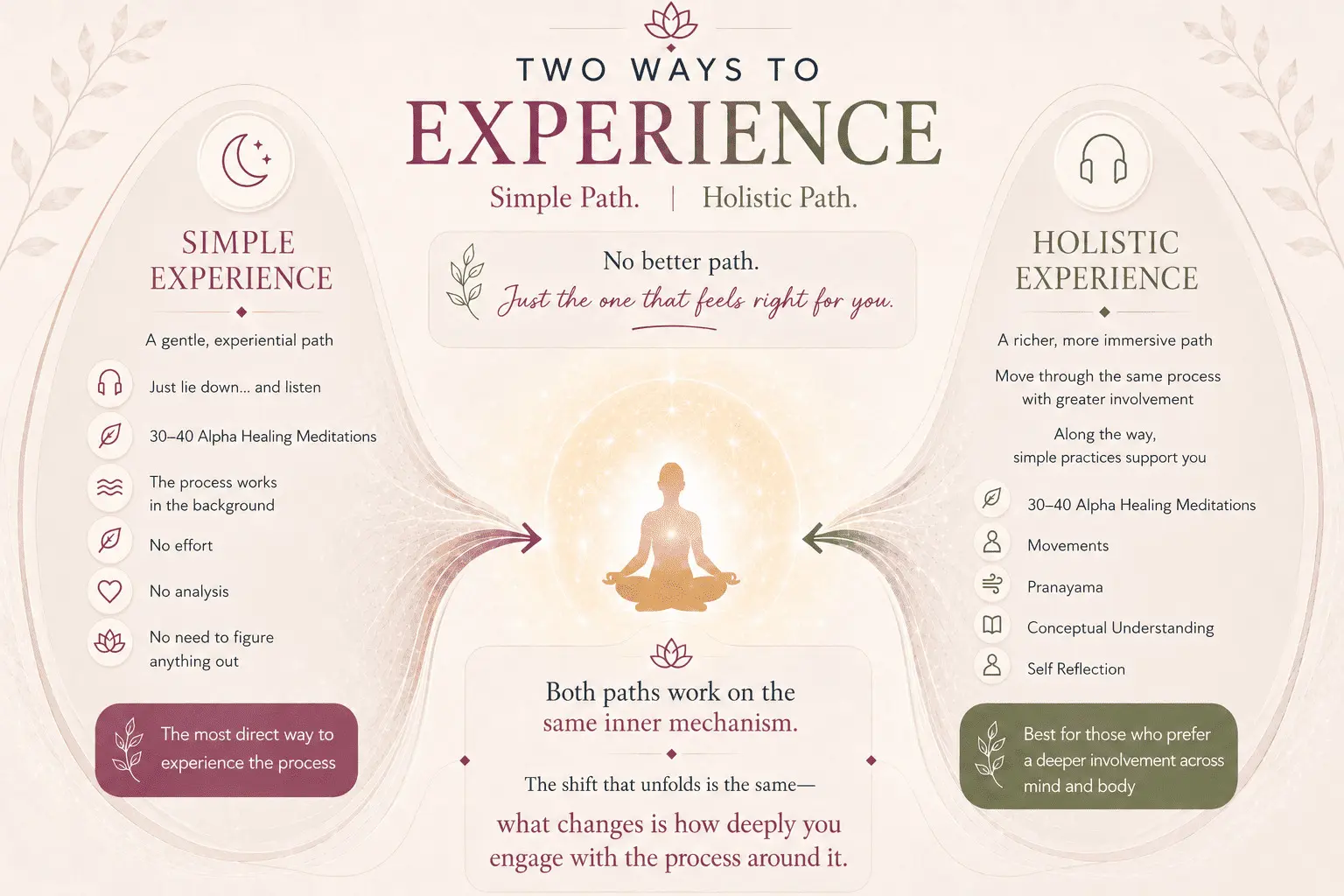 Comparison between the Simple Experience and Holistic Experience pathways for Alpha Healing Meditation, showing two approaches to the same inner transformation process.
