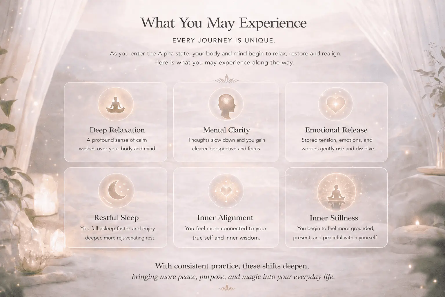 Illustration showing the experiences people may have while practising Alpha Healing Meditations, including deep relaxation, mental clarity, emotional release, restful sleep, inner alignment and inner stillness, while recognising that every healing journey is unique.