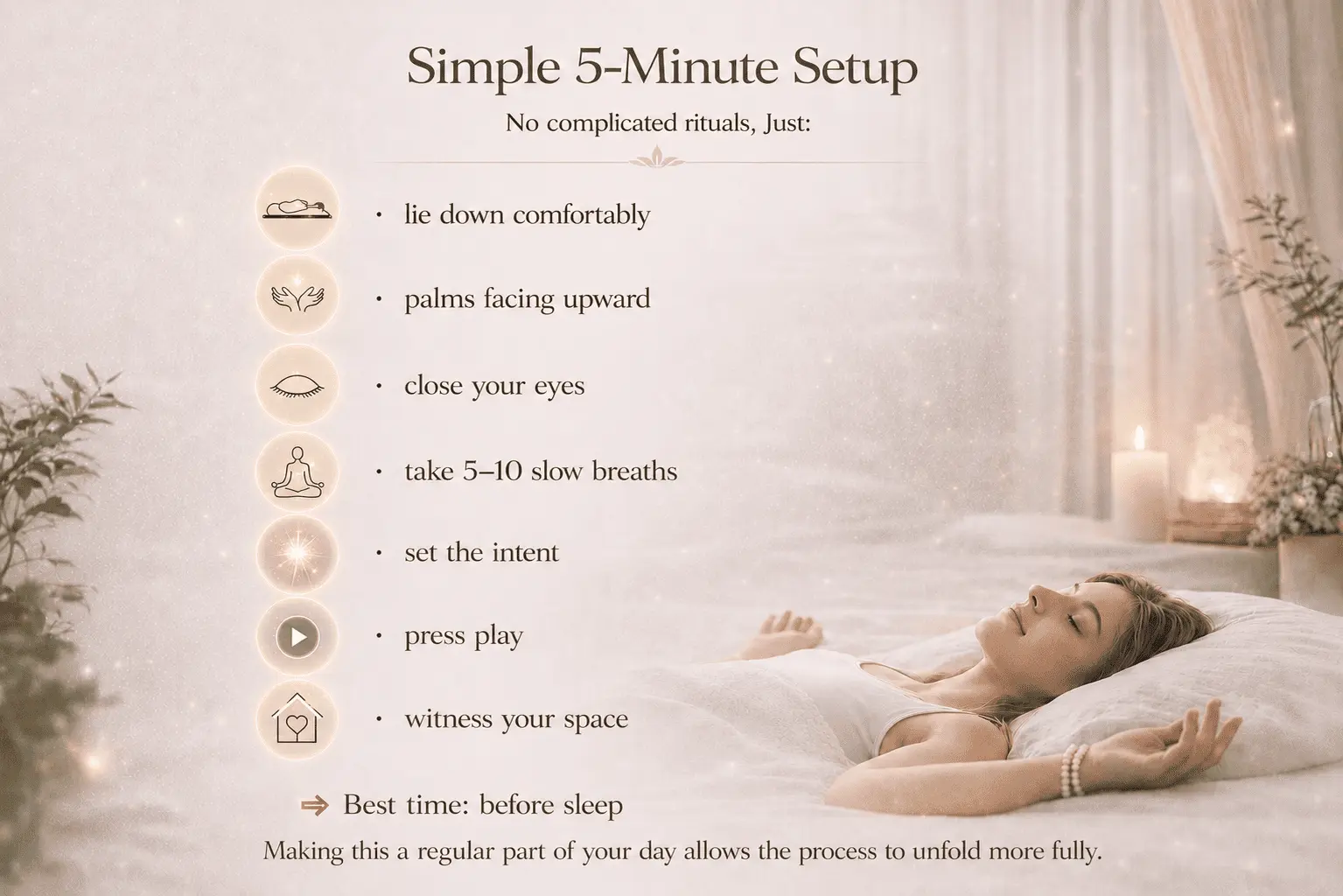 Illustration showing the simple five-minute setup for Alpha Healing Meditations, guiding new listeners through a comfortable bedtime routine that supports deep relaxation, effortless subconscious restoration and a consistent meditation practice.