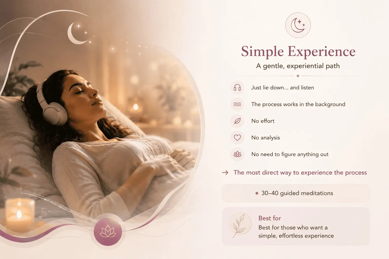 Overview of the Simple Experience featuring guided Alpha Healing Meditations designed for effortless relaxation without analysis or mental effort.