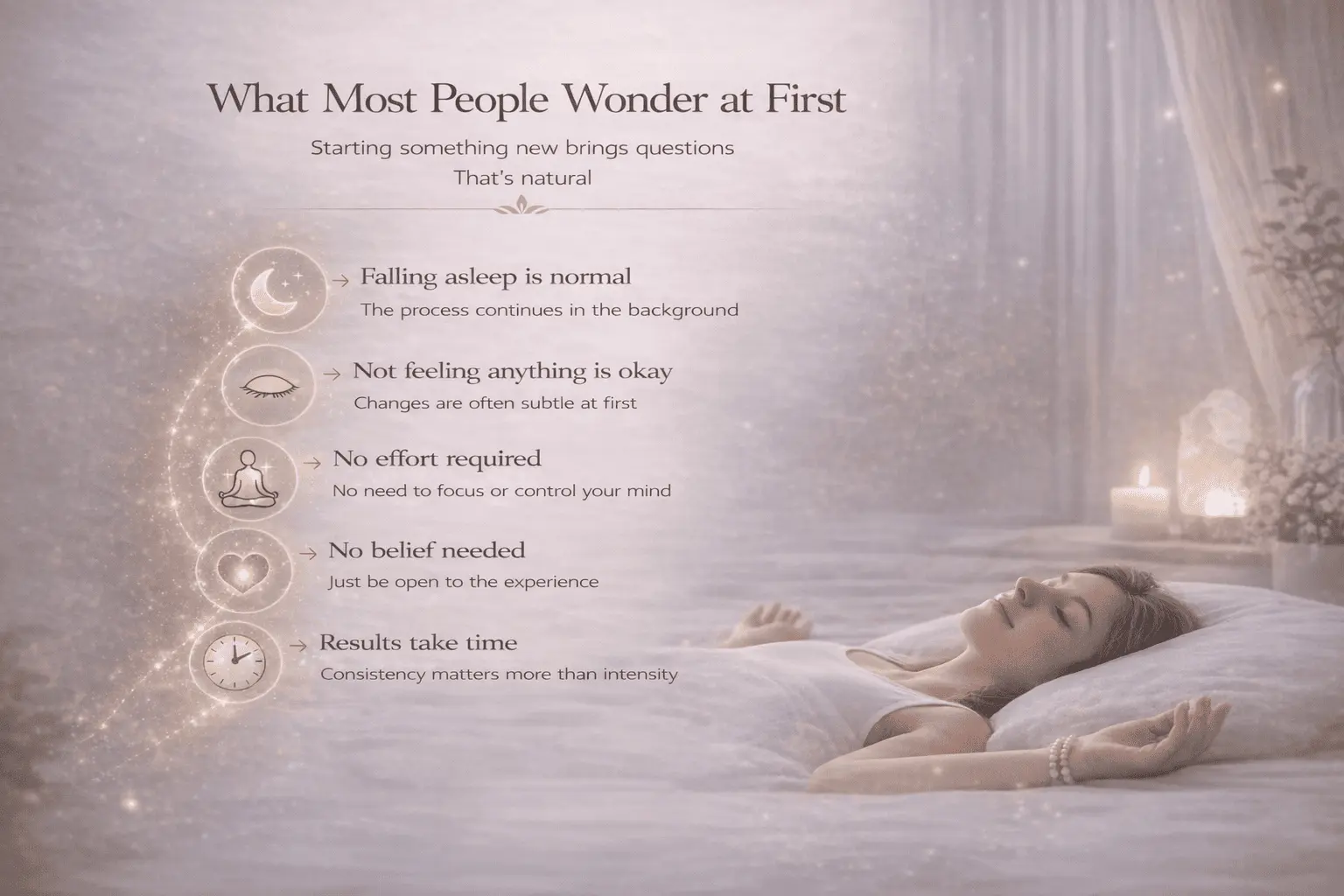 Illustration answering the most common questions people have before starting Alpha Healing Meditations, reassuring new listeners that falling asleep, subtle experiences and gradual progress are all natural parts of the journey.